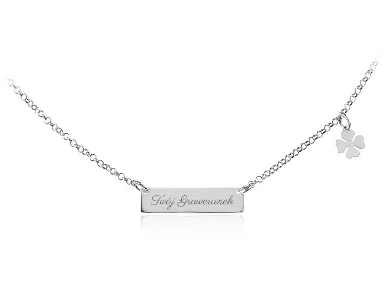 naszyjnik z prostokątną blaszką i koniczynką grawer