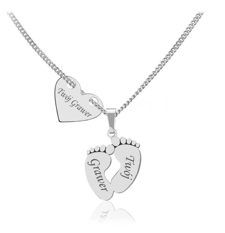 srebrny naszyjnik serce i stópki łańcuszek pancerka