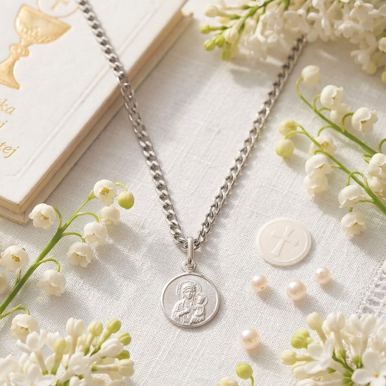 naszyjnik medalik Matka Boska z Dzieciątkiem Pamiątka Komunii Chrztu