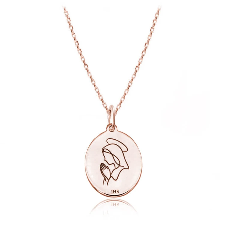 Medalik z Matką Boską na chrzest łańcuszek ankier różowe złocenie