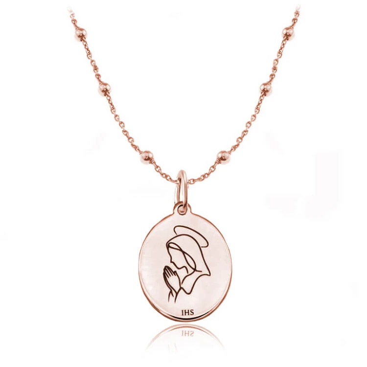 Naszyjnik religijny z grawerem pamiątka komunii łańcuszek kulki różowe złocenie