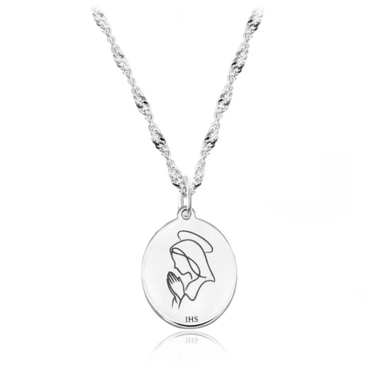 Srebrny naszyjnik Matka Boska modląca się pamiątka splot singapur