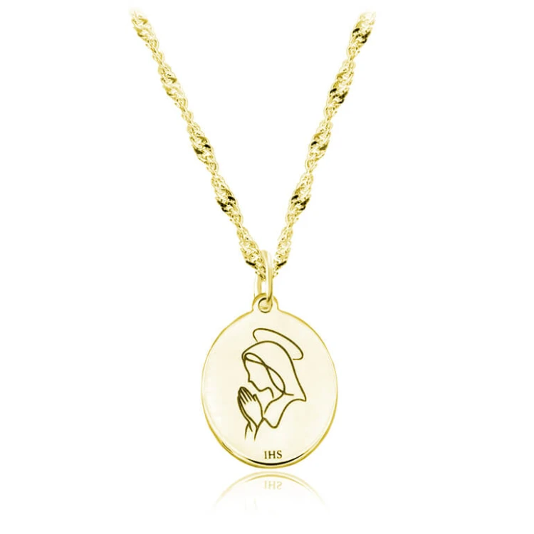 Srebrny naszyjnik Matka Boska modląca się pamiątka splot singapur złocony