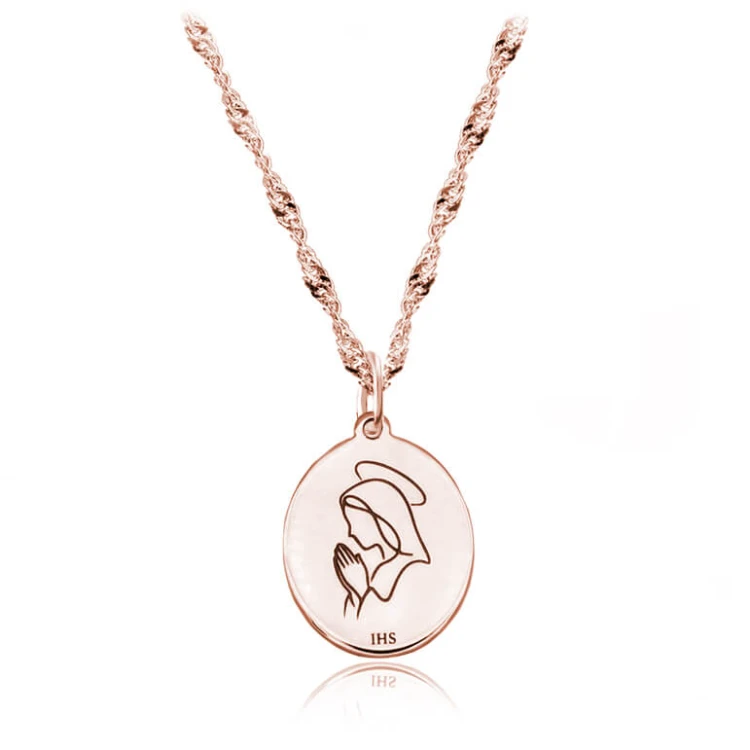 Srebrny naszyjnik Matka Boska modląca się pamiątka splot singapur różowe złocenie