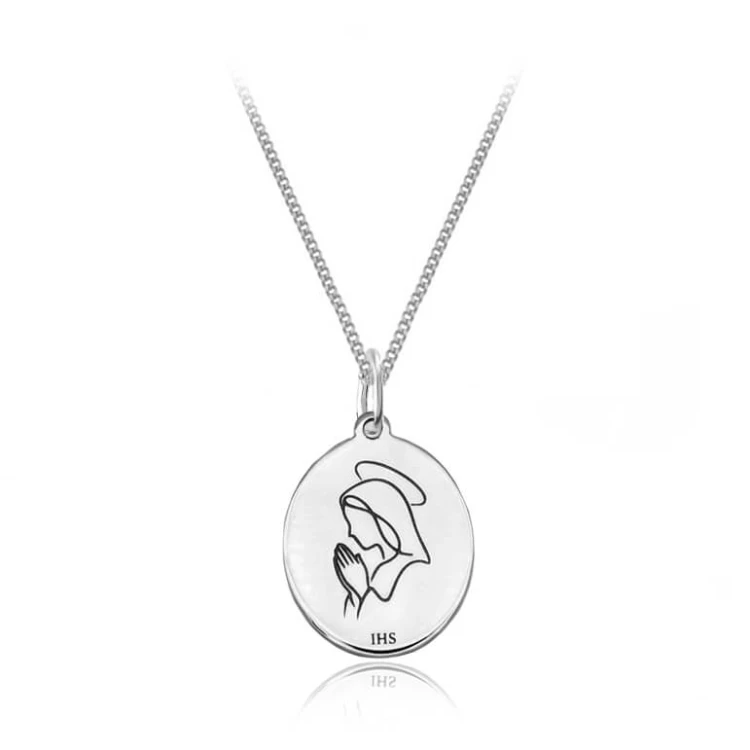 Srebrny naszyjnik Matka Boska modląca się splot pancerka platynowany