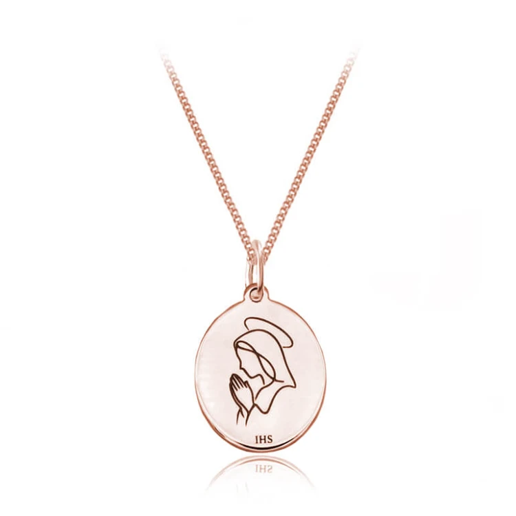 Srebrny naszyjnik Matka Boska modląca się splot pancerka różowe złocenie