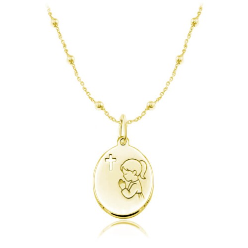 Medalik na komunię dla dziewczynki z grawerem łańcuszek kulki złocenie