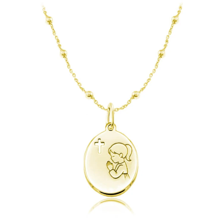 Medalik na komunię dla dziewczynki z grawerem łańcuszek kulki złocenie