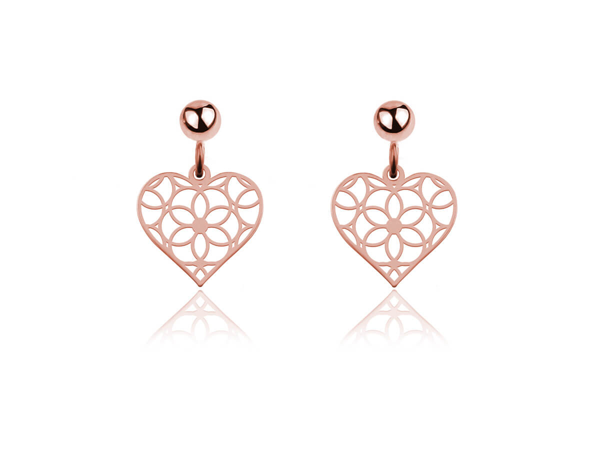 Srebrne kolczyki ażurowe serca wiszące - rose gold