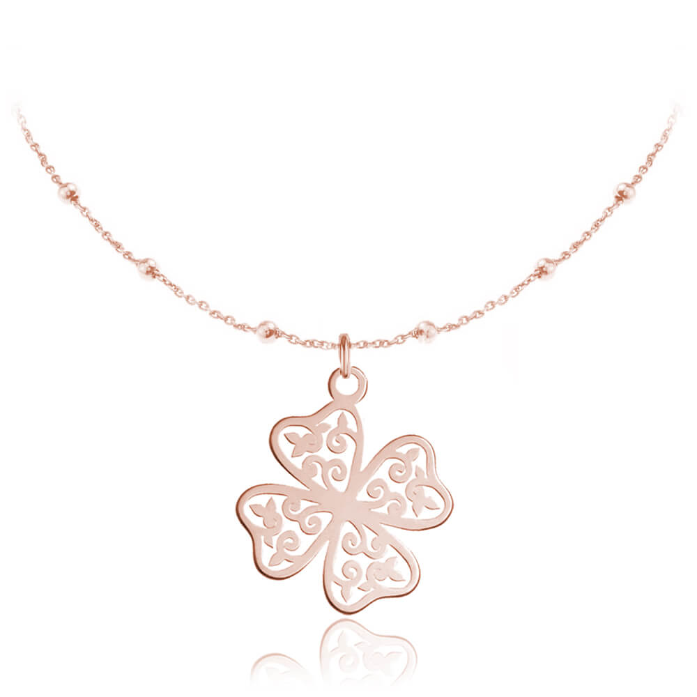 Srebrny naszyjnik ażurowa Koniczynka  - łańcuszek kulki - rose gold