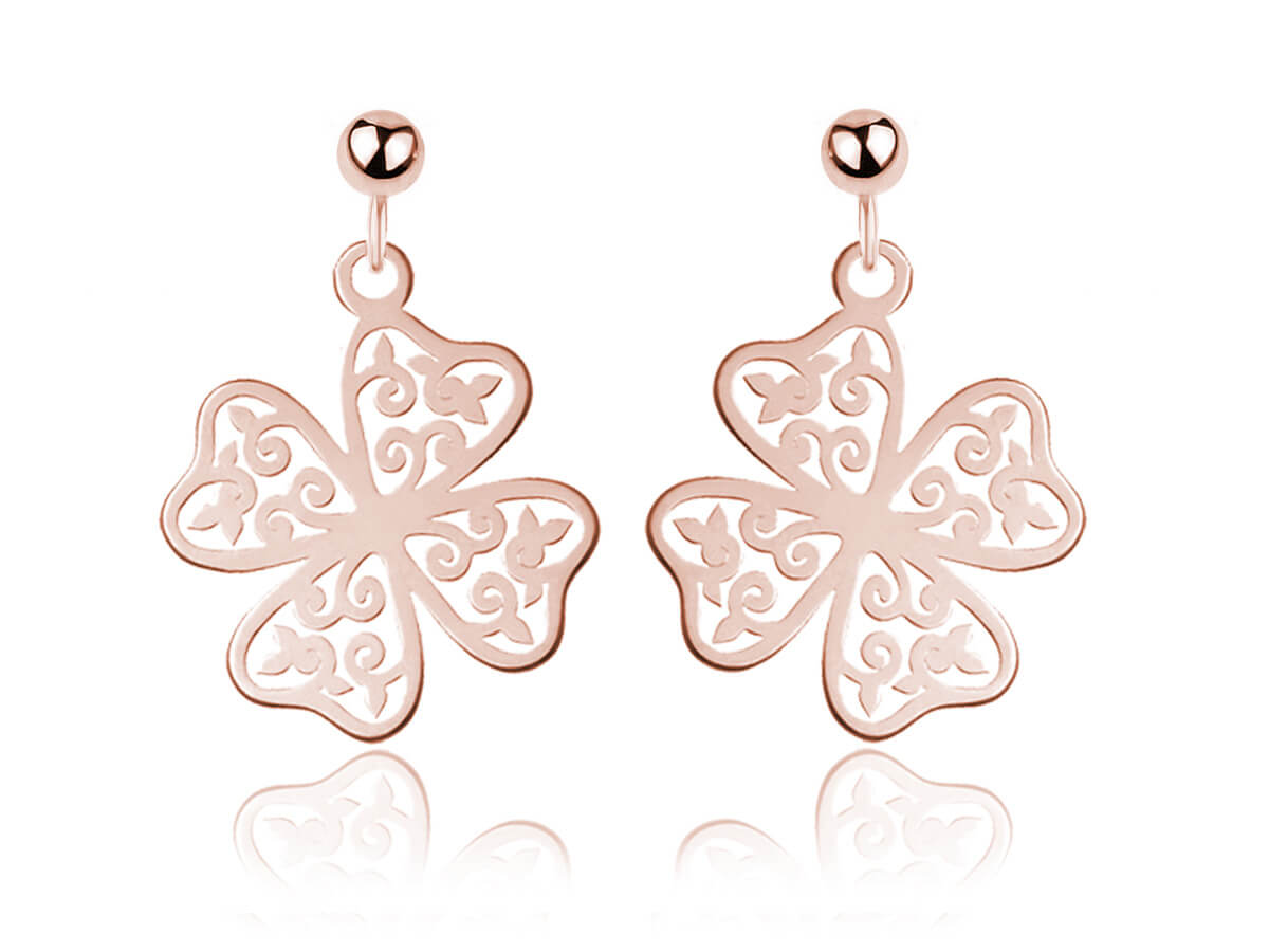 Srebrne kolczyki ażurowa Koniczynka - rose gold